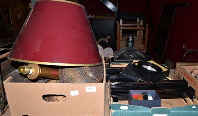 Lot 910 - Two ornamental hens, collar box, Crawfords tin, plaster brackets, table lamp etc (two boxes)