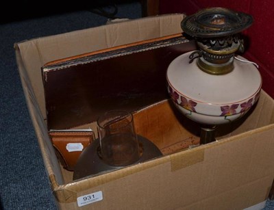 Lot 931 - A leather desk set and Victorian oil lamp