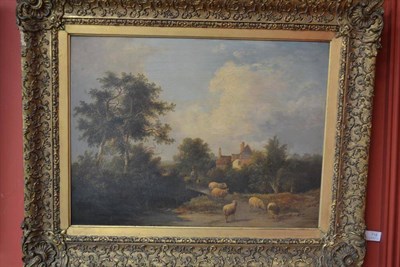 Lot 718 - English School (late 19th century)  A figure droving cattle across a bridge in a river...