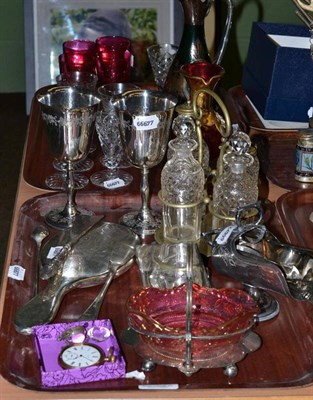 Lot 1 - A small collection of silver plated items including a sandwich box, hand mirror, small 'magnifying'
