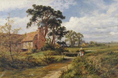 Lot 719 - Robert Gallon (1845-1925) A mother and child crossing a bridge in a river landscape Signed, oil...