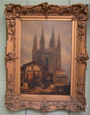 Lot 720 - Circle of Henry Thomas Schafer (1854-1915)  Figures before a Continental cathedral  Oil on...