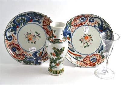 Lot 22 - Pair of Japanese Imari dishes, 18th century wine glass and a famille verte vase