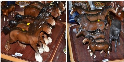 Lot 26 - Two trays of brown Beswick horses including five Shire horse models and a black matte model of...