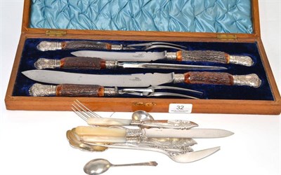 Lot 32 - Victorian oak cased carving set, silver spoons and other cutlery
