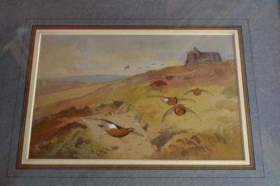 Lot 723 - Archibald Thorburn (1860-1935) Grouse flying over butts in a moorland setting Pencil and...