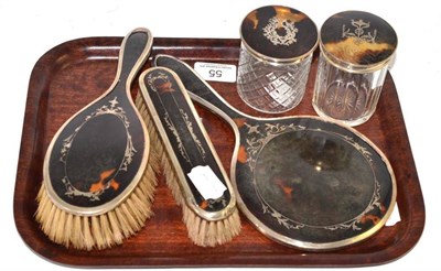 Lot 55 - A five piece silver and tortoiseshell dressing table set