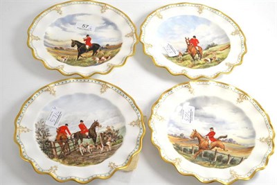 Lot 57 - Four Royal Crown Derby plates and receipts, hunting scenes (two cracked)