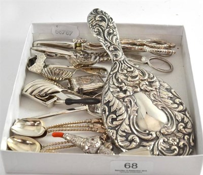 Lot 68 - Six silver apostle spoons, caddy spoons, silver stamp purse, vesta case, silver-backed mirror etc