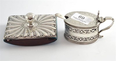 Lot 69 - A silver-mounted blotter, a silver mustard pot with blue liner and a matched silver mustard spoon