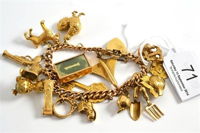 Lot 71 - 9ct gold curb link charm bracelet with seventeen charms