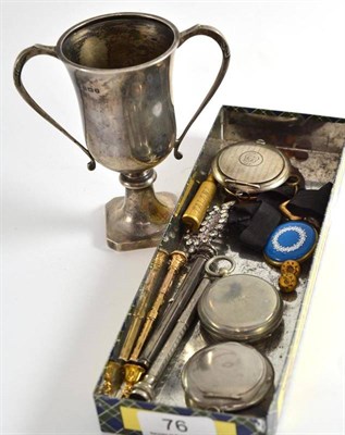 Lot 76 - Box containing propelling pens and pencils, silver compact, military compass, silver trophy cup etc