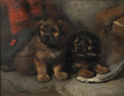 Lot 728 - George W Horlor (1823-1895) Two terriers beside a gamekeeper's bag and a tam o'shanter Signed...