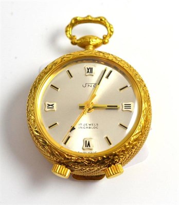 Lot 100 - A JNO pocket travel alarm clock with Swiss movement, in a gilt case