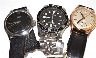 Lot 107 - A Roamer calendar wristwatch, Smiths wristwatch, Lorus wristwatch with attached Rolex stainless...