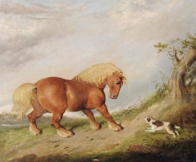 Lot 730 - Martin Theodore Ward (1799?-1874) A chestnut horse startled by a terrier in a landscape...