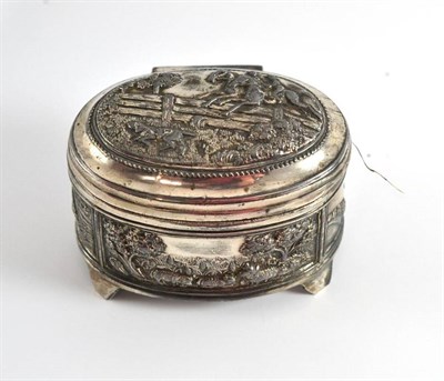 Lot 117 - A white metal satin lined trinket box embossed with rural scenes