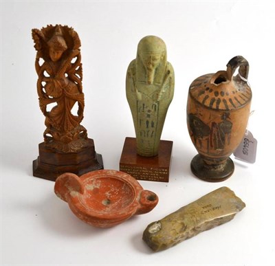 Lot 121 - A flint Neolithic axe head, an Egyptian sepulchral figure, a small amphora, an oil lamp and...