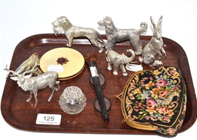 Lot 125 - Six white metal animal figures including a hare, dogs, etc, also an RASC compact, a pair of...