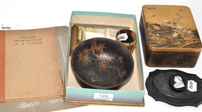 Lot 128 - Japanese lacquer box, cast seals, lacquer bowl, horn beaker etc