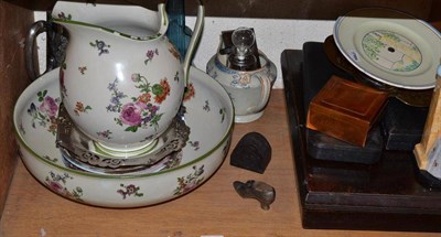 Lot 142 - A Royal Doulton toilet ewer and basin, ornamental items, ceramics, flatware etc (on one shelf)