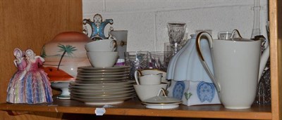 Lot 143 - A shelf of decorative ceramics and glass including a Zeh Scherzer tea service, lamp shades and...