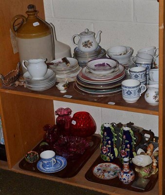 Lot 145 - Wedgwood tea set, collector's plates, modern cranberry glass, pewter tea set etc (on two shelves)