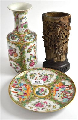 Lot 150 - A Canton vase, plate and a soapstone brush holder