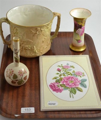 Lot 153 - A Royal Worcester loving cup, plaque and two vases (4)