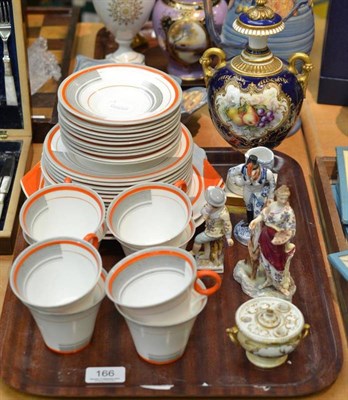 Lot 166 - A 1930s Shelly tea set, blue ground vase, Continental figures, inkwell etc