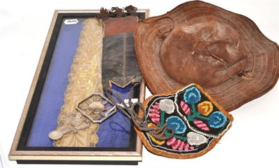 Lot 180 - Old Sheffield plate bell pull, a cased bell pull, bead work purse, African leather holder,...
