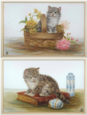 Lot 737 - Bessie Bamber (fl.1900-1910) Kitten in a basket of flowers Kitten on a book with pottery nearby...