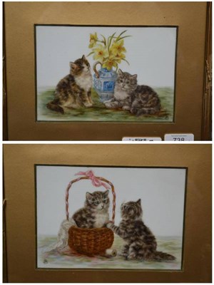 Lot 738 - Bessie Bamber (fl.1900-1910) Two kittens beside a vase of daffodils Two kittens beside a sewing...