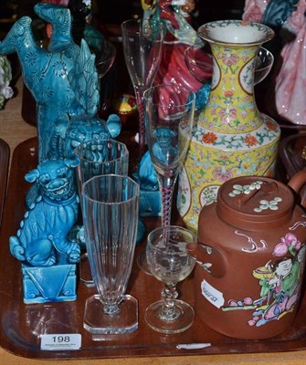 Lot 198 - A Chinese famille jeune vase, four various Chinese turquoise glaze dogs of fo, two pairs of glasses