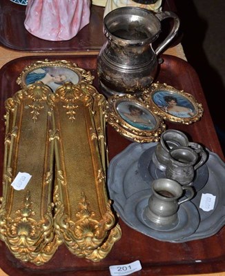 Lot 201 - Tray of ormolu finger plates, reproduction miniatures and pewter wares
