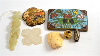 Lot 210 - A Chinese dragon carved jade pendant, a Satsuma button, a Chinese cloisonne enamel belt clasp,...