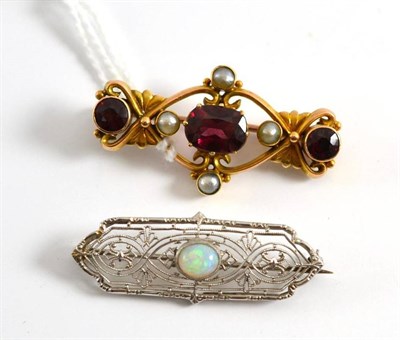 Lot 211 - Bar brooch set with an opal stamped '14k' and a Victorian bar brooch (2)