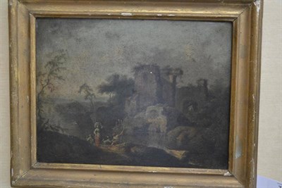 Lot 742 - Italian School (18th century) Figures and a dog on a path beside a river, a figure by ruins...