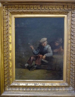 Lot 743 - Dutch School (18th century) Figures in a tavern Bears initials DT, oil on panel, 24cm by 18.5cm...