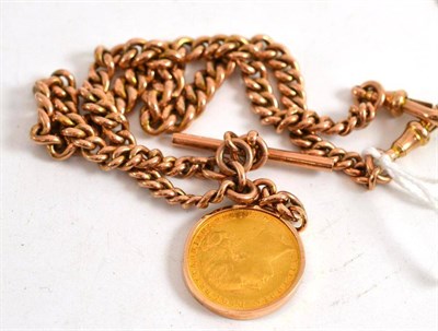 Lot 251 - A 9ct gold double albert watch chain loose mounted with a Victoria Young Head 1880 sovereign -...