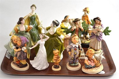 Lot 266 - A tray of twelve ceramic figures including four modern Hummel figures of children, a pair of...