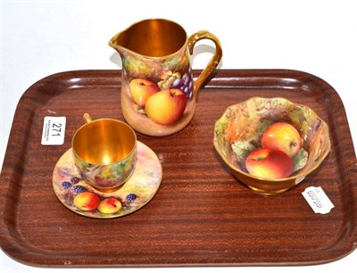 Lot 271 - A fruit painted Worcester jug by P English, a sugar bowl by R Austin and a coffee cup and saucer by