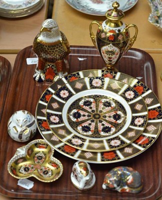 Lot 282 - Four Royal Crown Derby paperweights- Eagle with silver stopper, Dormouse, Catnip Kitten and...