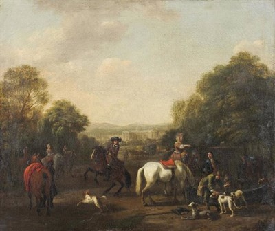 Lot 747 - Follower of Jan Wyck (1640-1702) Dutch Hunting scene with figures on horseback and hounds nearby, a