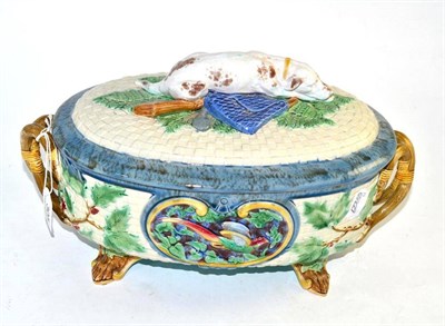 Lot 305 - A 19th century Minton majolica game pie dish, with cover and liner (a.f.)