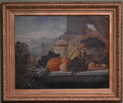 Lot 752 - James Poulton (fl.1844-1859) A still life of fruit on a silver tazza and a tankard, on a stone...