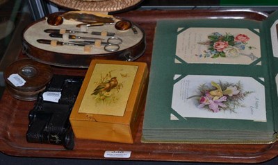 Lot 338 - Folding Minim binoculars, an album of postcards, transfer-printed box, oak snuff box and a manicure