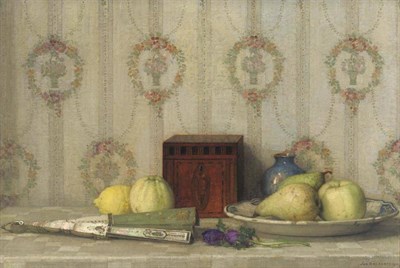 Lot 753 - Jan Bogaerts (1878-1962) Dutch Still life of fruit beside a fan and tea caddy Signed and dated...