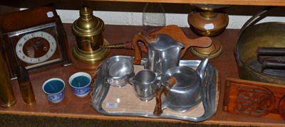 Lot 347 - Quantity of brassware, shell case, piquotware service, Ewbank carpet sweeper and an Edwardian...