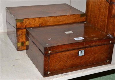 Lot 348 - Victorian brass-bound walnut writing slope and a Victorian rosewood sewing box